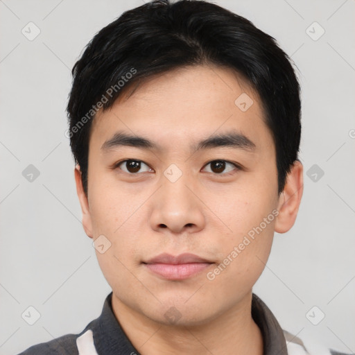 Neutral asian young-adult male with short  black hair and brown eyes