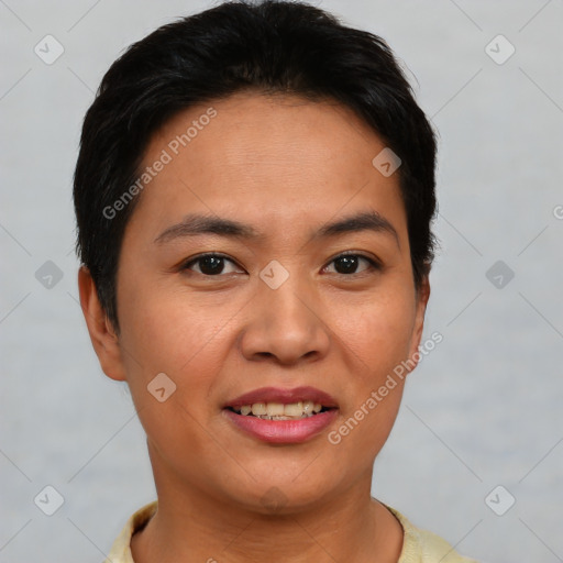 Joyful asian young-adult female with short  brown hair and brown eyes