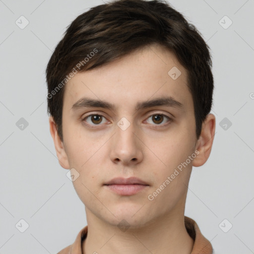 Neutral white young-adult male with short  brown hair and brown eyes