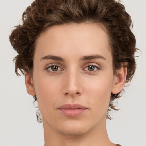 Neutral white young-adult female with short  brown hair and brown eyes