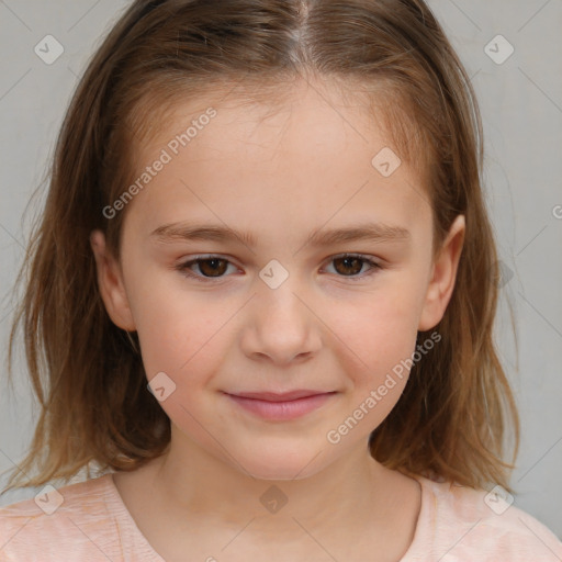 Joyful white child female with medium  brown hair and brown eyes