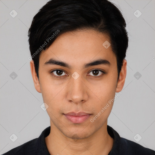 Neutral latino young-adult male with short  black hair and brown eyes