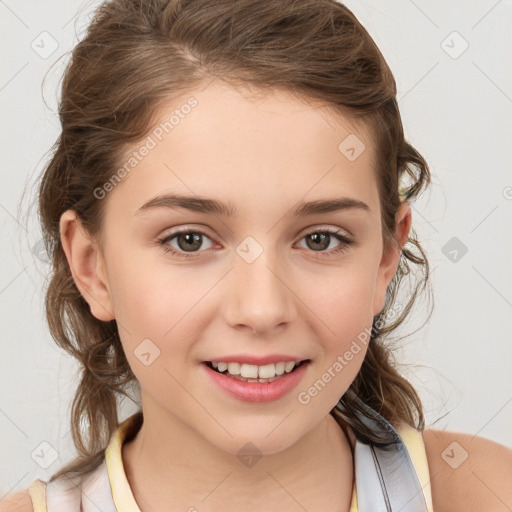 Joyful white child female with medium  brown hair and brown eyes