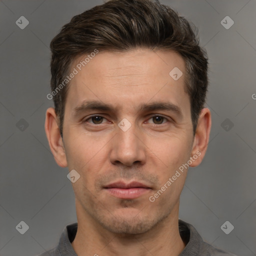 Neutral white adult male with short  brown hair and brown eyes