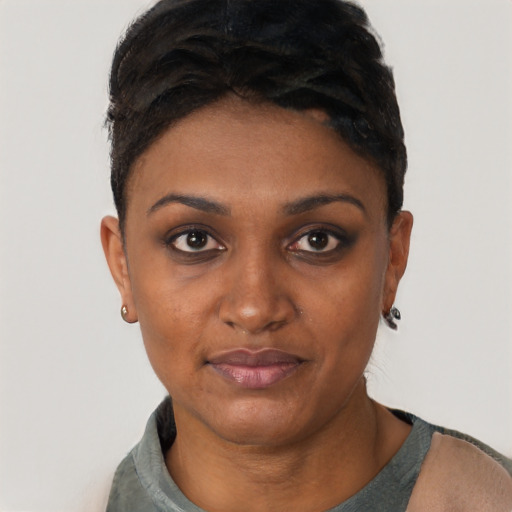Joyful black young-adult female with short  black hair and brown eyes