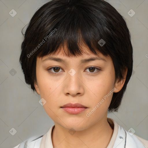 Neutral white young-adult female with medium  brown hair and brown eyes