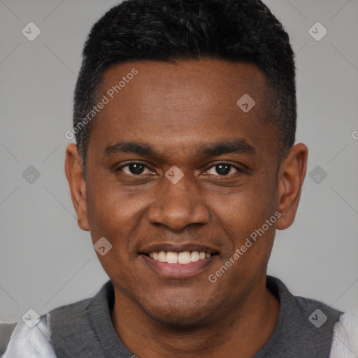 Joyful black young-adult male with short  black hair and brown eyes
