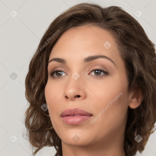 Neutral white young-adult female with medium  brown hair and brown eyes