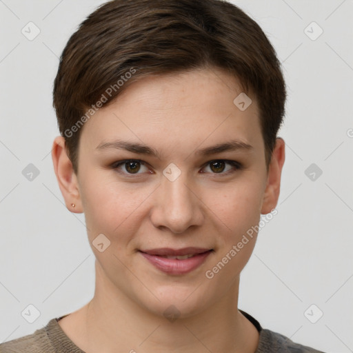 Joyful white young-adult female with short  brown hair and grey eyes