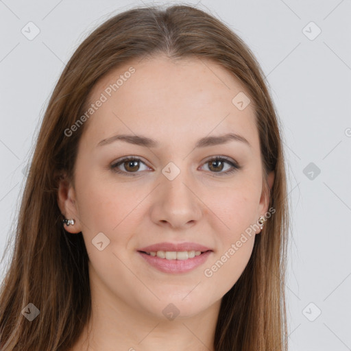 Joyful white young-adult female with long  brown hair and grey eyes