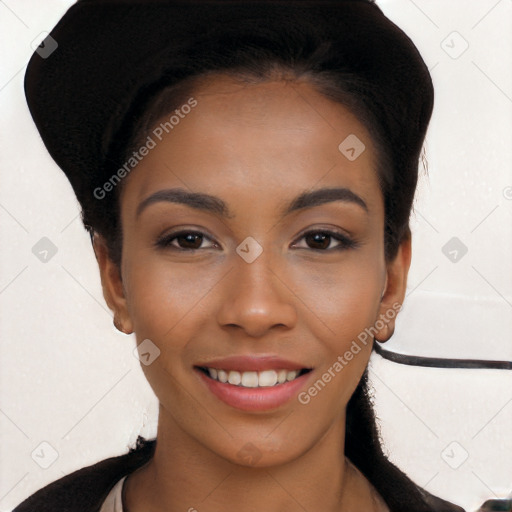 Joyful white young-adult female with long  black hair and brown eyes