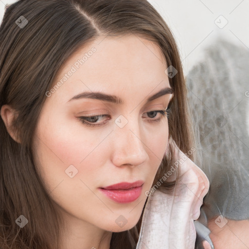 Neutral white young-adult female with long  brown hair and brown eyes