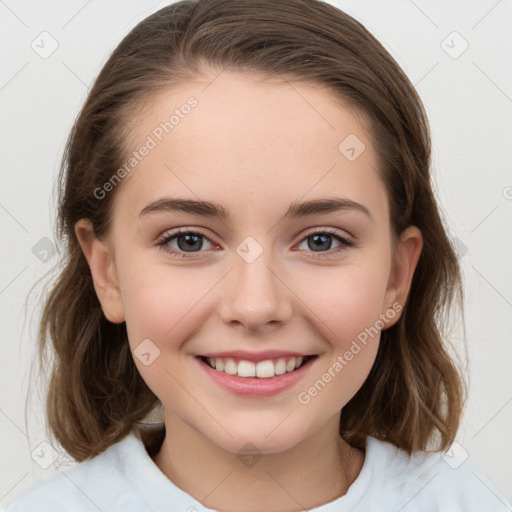 Joyful white child female with medium  brown hair and brown eyes