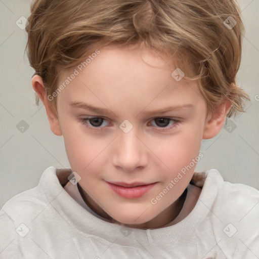 Joyful white child female with short  brown hair and brown eyes