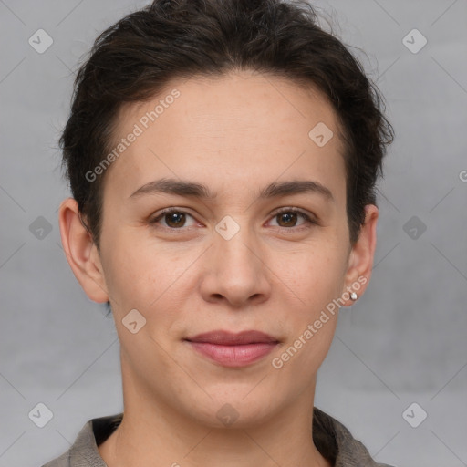 Joyful white young-adult female with short  brown hair and brown eyes