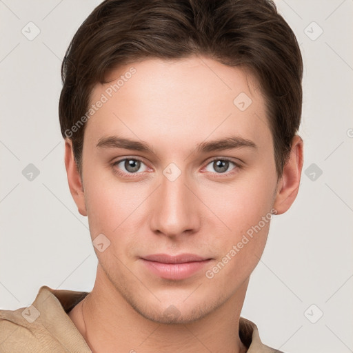 Neutral white young-adult male with short  brown hair and grey eyes