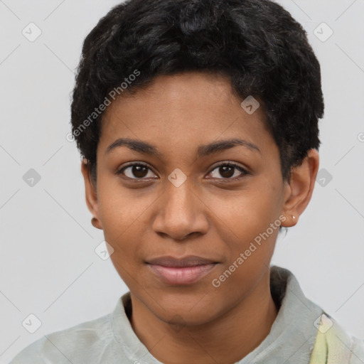 Joyful latino young-adult female with short  black hair and brown eyes