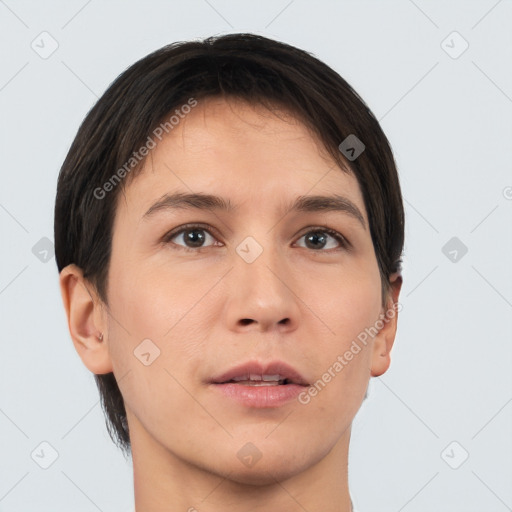 Neutral white young-adult male with short  brown hair and brown eyes