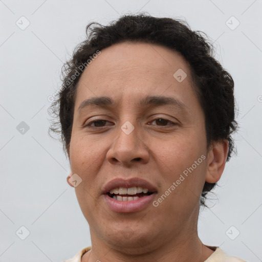 Joyful white adult female with short  brown hair and brown eyes