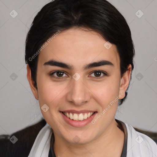 Joyful white young-adult female with medium  brown hair and brown eyes