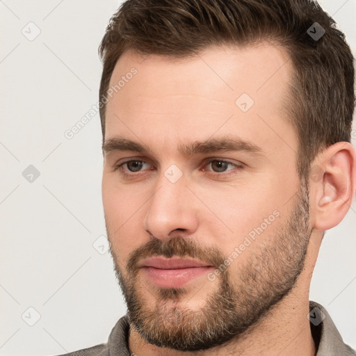 Neutral white young-adult male with short  brown hair and brown eyes