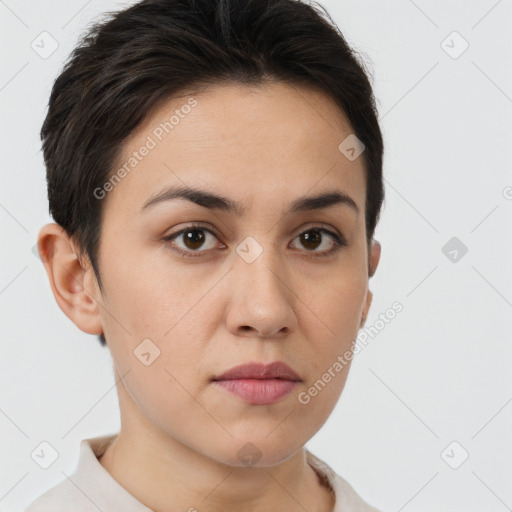 Neutral white young-adult female with short  brown hair and brown eyes