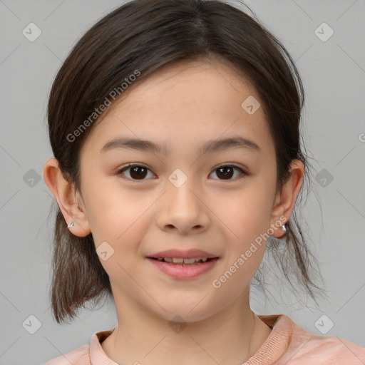 Joyful white child female with medium  brown hair and brown eyes