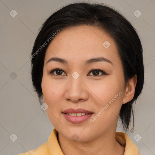 Joyful white young-adult female with medium  brown hair and brown eyes