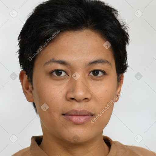 Joyful asian young-adult female with short  brown hair and brown eyes