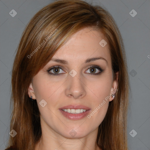 Joyful white young-adult female with long  brown hair and brown eyes