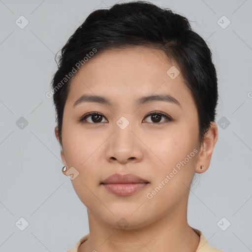 Neutral asian young-adult female with short  brown hair and brown eyes