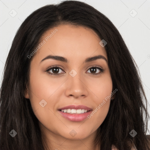 Joyful latino young-adult female with long  brown hair and brown eyes