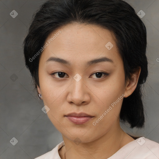 Neutral asian young-adult female with medium  black hair and brown eyes