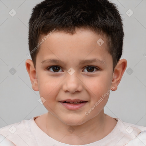 Joyful white child male with short  brown hair and brown eyes