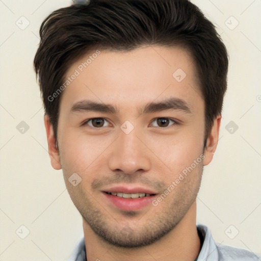 Joyful white young-adult male with short  brown hair and brown eyes