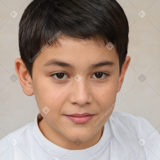 Joyful white child male with short  brown hair and brown eyes