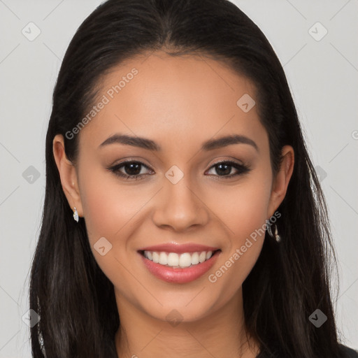 Joyful latino young-adult female with long  brown hair and brown eyes