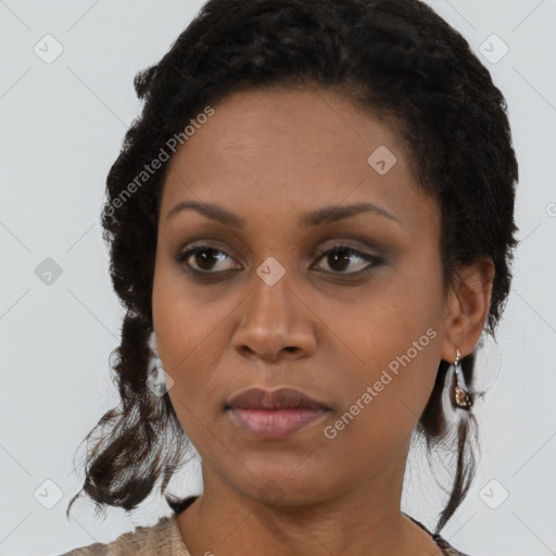 Neutral black young-adult female with medium  brown hair and brown eyes