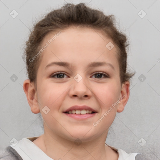 Joyful white child female with short  brown hair and brown eyes