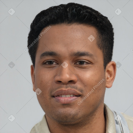 Neutral latino young-adult male with short  black hair and brown eyes