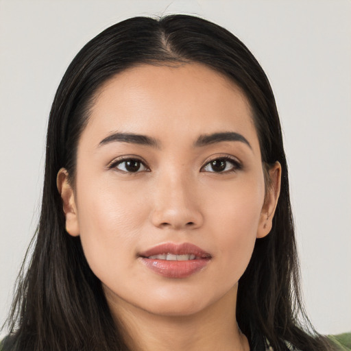 Neutral asian young-adult female with long  black hair and brown eyes