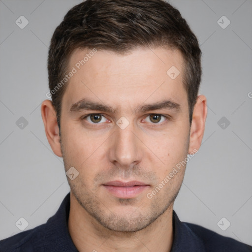 Neutral white young-adult male with short  brown hair and brown eyes