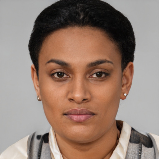 Joyful latino young-adult female with short  black hair and brown eyes
