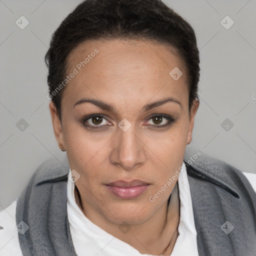 Neutral white young-adult female with short  brown hair and brown eyes