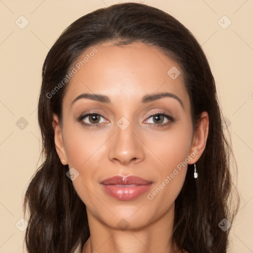 Joyful white young-adult female with long  brown hair and brown eyes