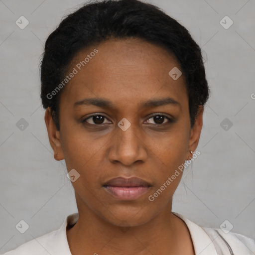 Neutral black young-adult female with short  black hair and brown eyes