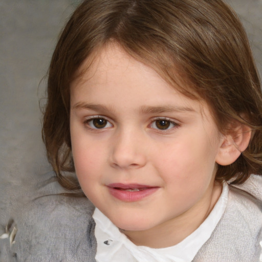 Joyful white child female with medium  brown hair and brown eyes