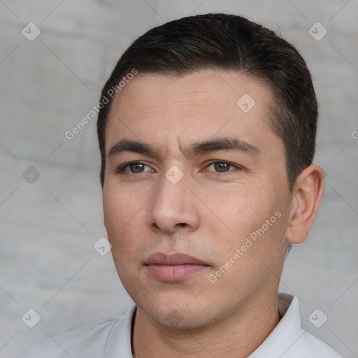 Neutral white young-adult male with short  brown hair and brown eyes