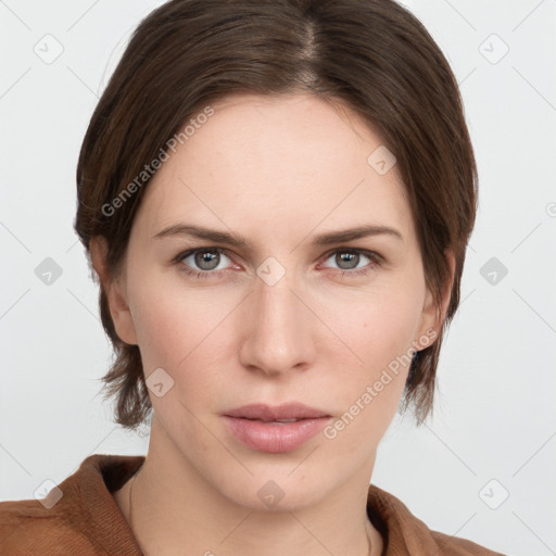 Neutral white young-adult female with medium  brown hair and grey eyes