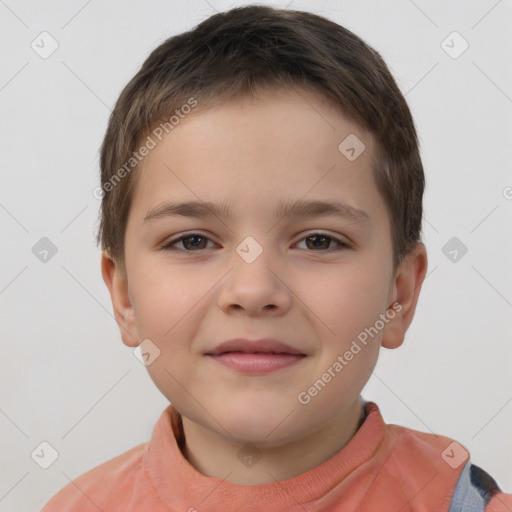 Joyful white child female with short  brown hair and brown eyes